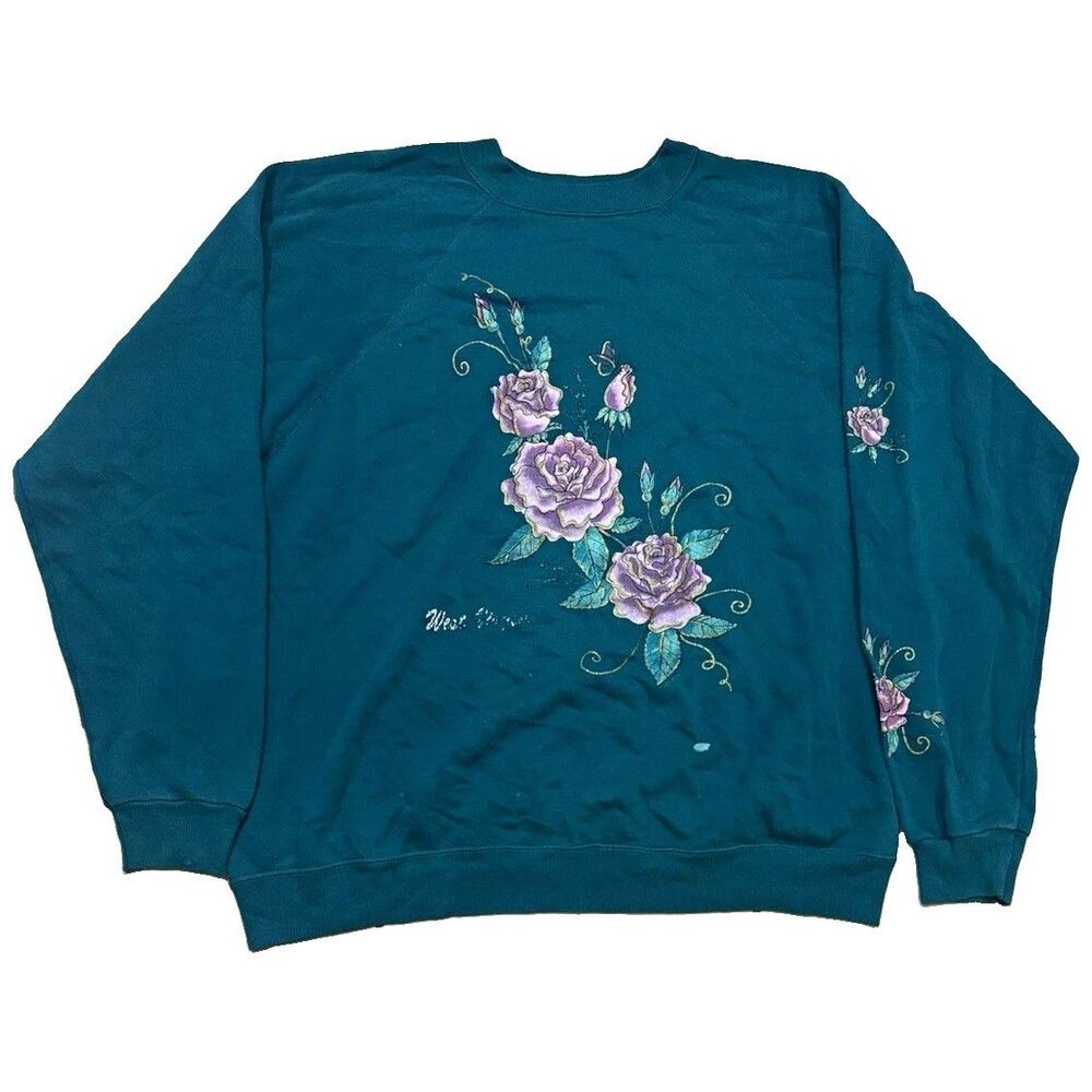 Vintage 90s Hanes Sport Floral Rose Graphic Sweatshirt Mens XL Teal Made In USA